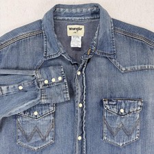 Wrangler Shirt Mens XL Blue Denim Long Sleeve Pearl Snap Western Casual