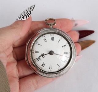 Antique 18thC J. Rowe London Verge Fusee Pocket Watch Sterling Silver Dbl Case