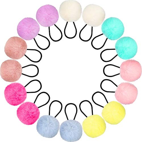 16 Pcs Pom Pom Hair Ties Elastic Fur Ball Scrunchy Band Fluffy Ponytail