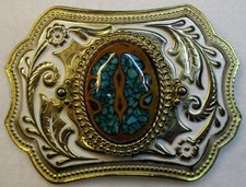Vintage Western Belt buckle with composite resin cabochon floral cowboy bling