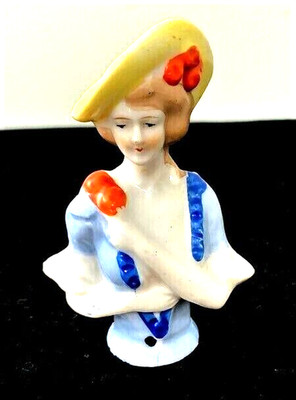 3'' Antique Porcelain HALF DOLL Marked FOREIGN Yellow Hat Blue Dress Red Hair