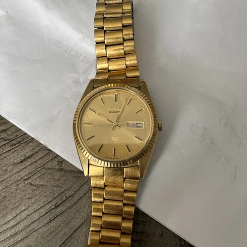 Vtg Seiko SQ Quartz  Day/Date President Gold Tone 35mm Men's Watch NICE