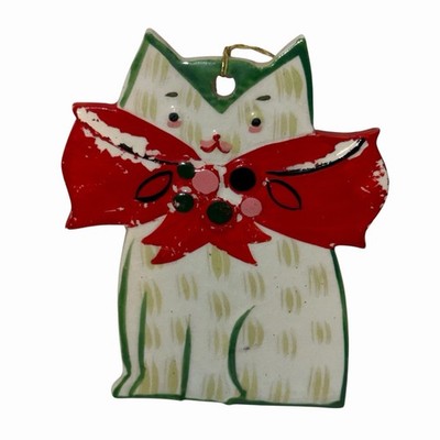 Retro Vintage Ceramic Cat Ornament with Red Bow - Christmas Valentine s Day READ