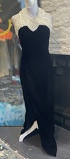 VTG Dave And Johnny Black Velvet Gown With Pearl Halter Size 4 80s Glamour