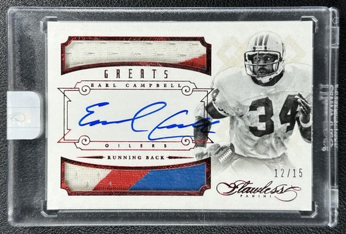 EARL CAMPBELL 2014 PANINI FLAWLESS #20 GREATS DUAL GAME-WORN PATCH AUTO RUBY /15