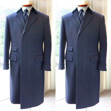 Cashmere Men Long Overcoat Navy Blue Wool Blend Coat Winter Business Outwear