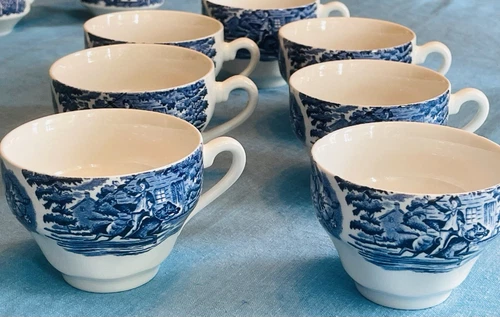 Vintage Set Of 7 Liberty Blue Staffordshire Coffee/Tea Cups Paul Revere Scene UK