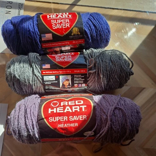 Red Heart Super Saver Yarn Plum Heather Grey Heather Denim Lot Of 3 New - product listing photo