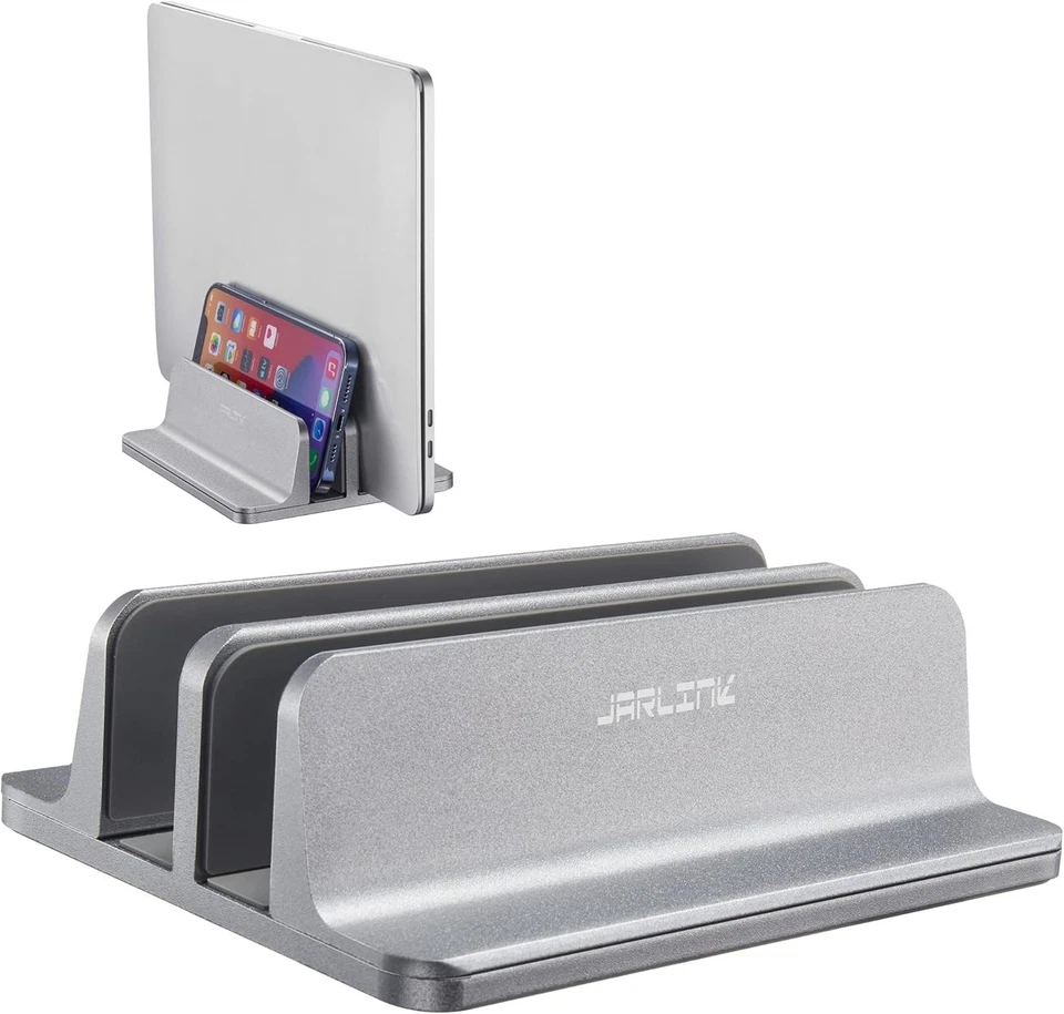 Elegante soporte vertical de aluminio para computadora portátil - Base doble para MacBook, superficie... Foto 3 de 4