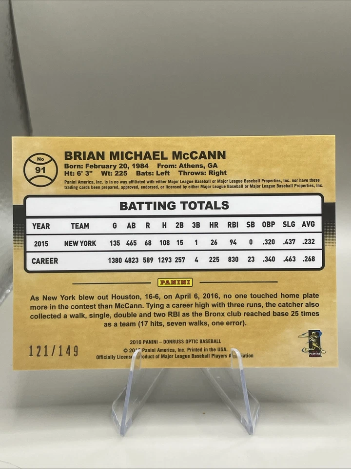 2 cards ~ 2016 Donruss Optic Blue Lot ~ Brian McCann & Chris Archer ~ /149 - Image 3 of 4