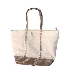 Victoria's Secret White Canvas Silver Sequin Glitter Tote Bag Shoulder Bag Large