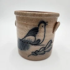 Vintage AARFAC Rowe Pottery Salt Glazed Handled Crock with Dove 1986 5.5"H  