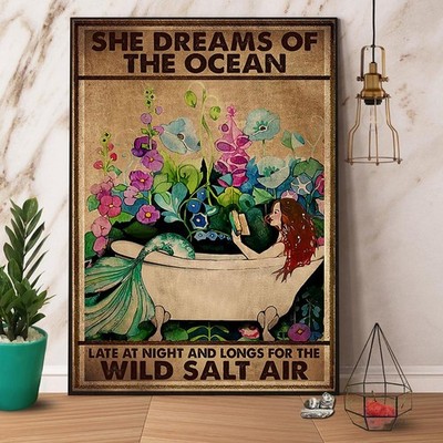 Mermaid She Dreams Of The Ocean Wild Salt Air Paper Poster No Frame Matte Can...