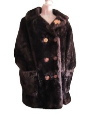 Dark Brown Vintage Faux Fur Coat Gold Crest Buttons Large No Tags Damage
