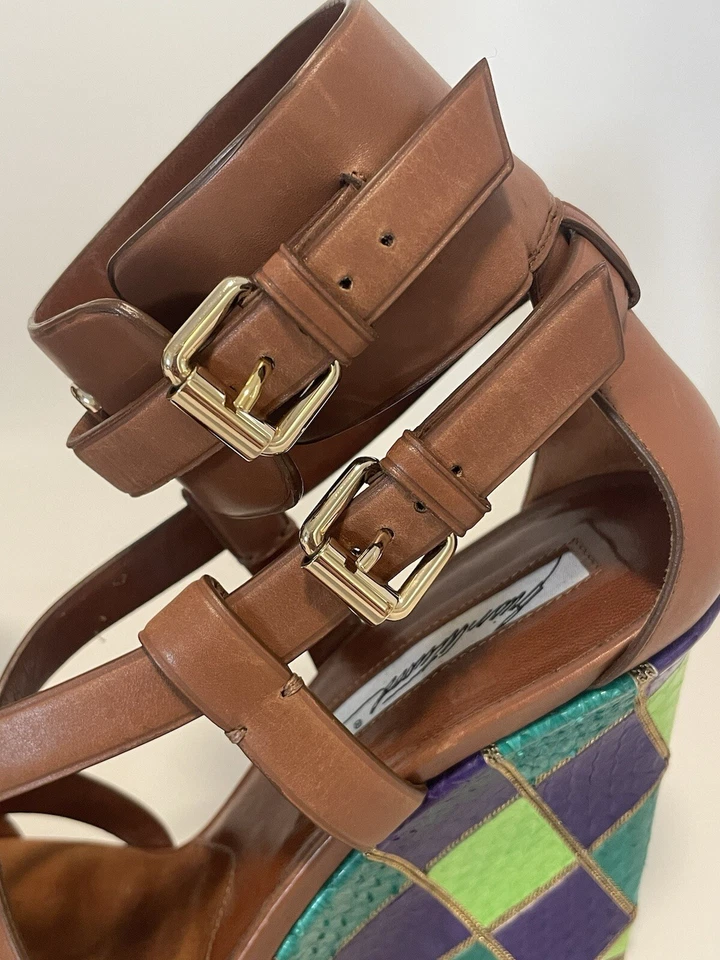 Brian Atwood Wedge Sandal US 7.5 EU 38 Heels Leather Ankle Colorful Snakeskin 4” - Image 2 of 4