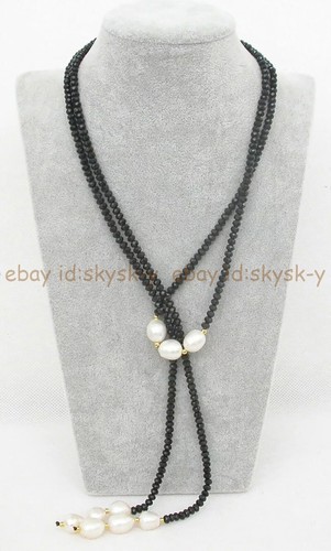 2x4mm Faceted Black Agate 10-11mm Natural White Rice Pearl Lariat Necklace - Picture 9 of 14