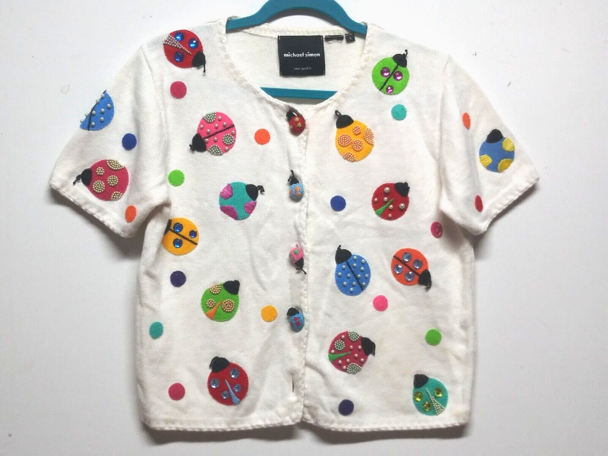 【 Sサイズ】MICHAEL SIMON ディズニー　カーディガン　古着 VTG Y2K 1999 Michael Simon Cardigan Sz S Ladybug Embroidered
