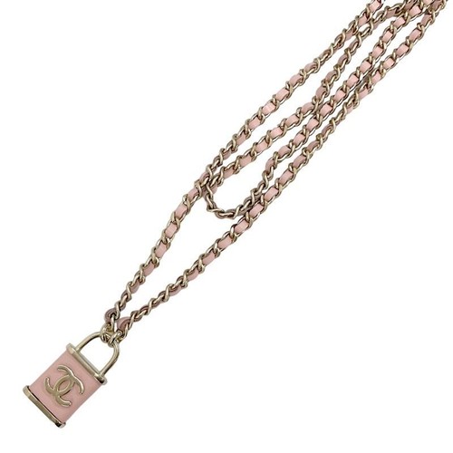 CHANEL Necklace Pendant Choker Pink Gold Coco Mark Padlock Double Chain Leather - Picture 3 of 9