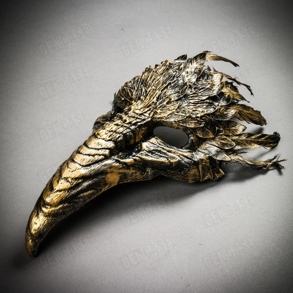 GOLD Plague Doctor Raven Bird Nose Halloween Costume Party Face Mask w/ Feather - Image 2 of 4