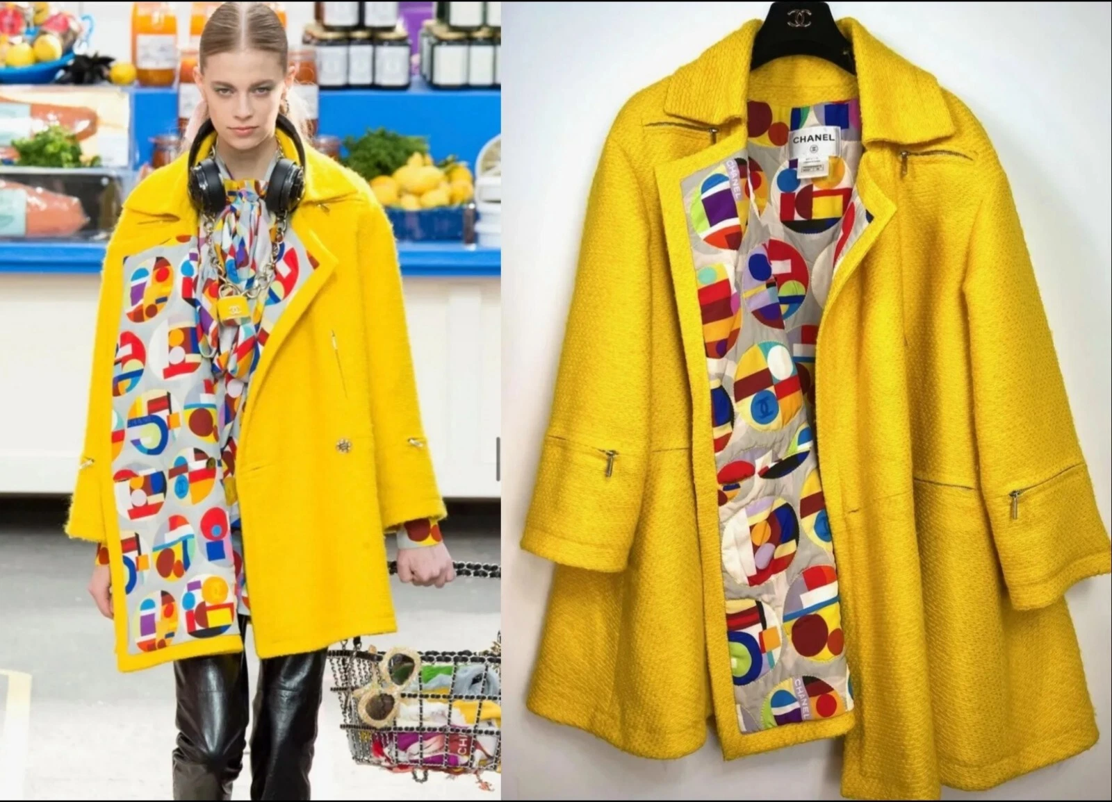 Cappotto 7K Chanel 2014 giallo tweed rovescio 42 44 46 8 10 12 14 giacca logo M L XL