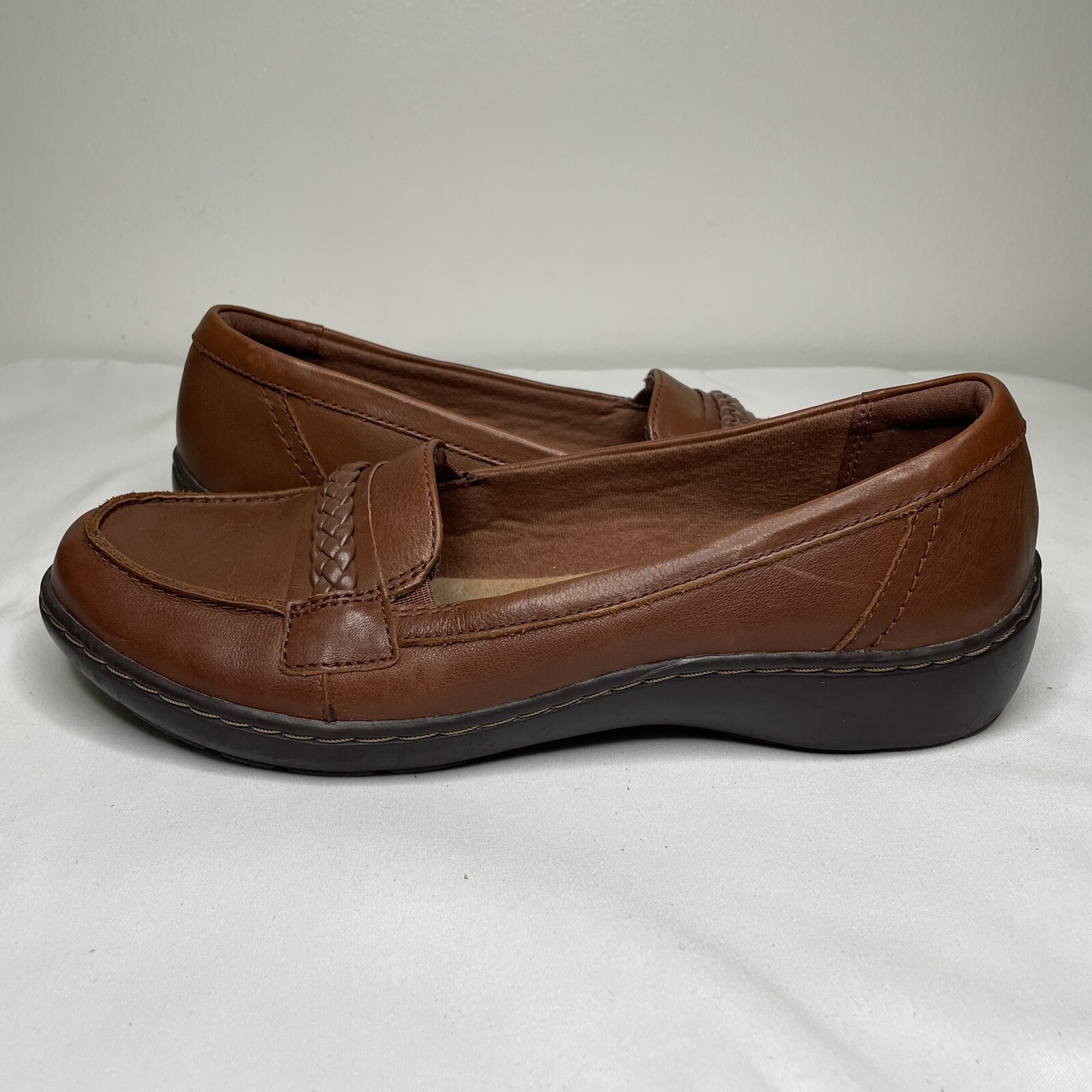 Clarks Womens Cora Viola Brown Leather Loafers Slip On Comfort Shoes 8