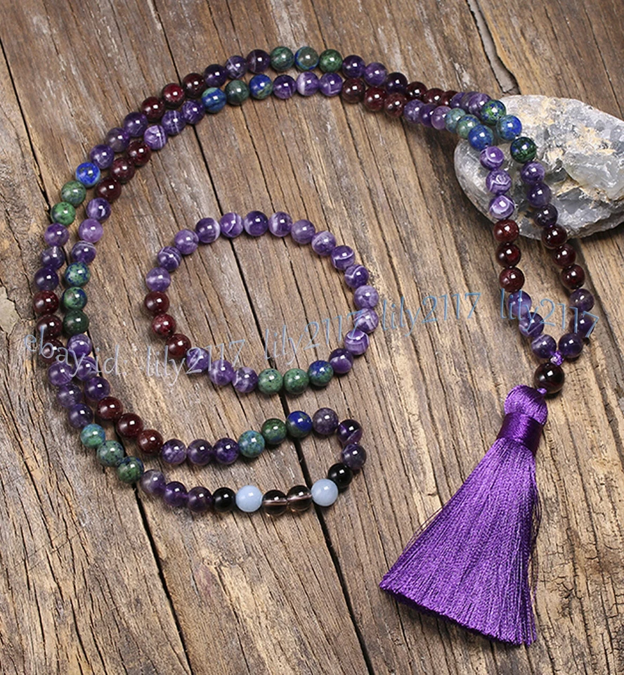 Juego de pulsera collar Mala 108 cuentas de oración granate amatista 8 mm budismo tibetano Foto 3 de 4