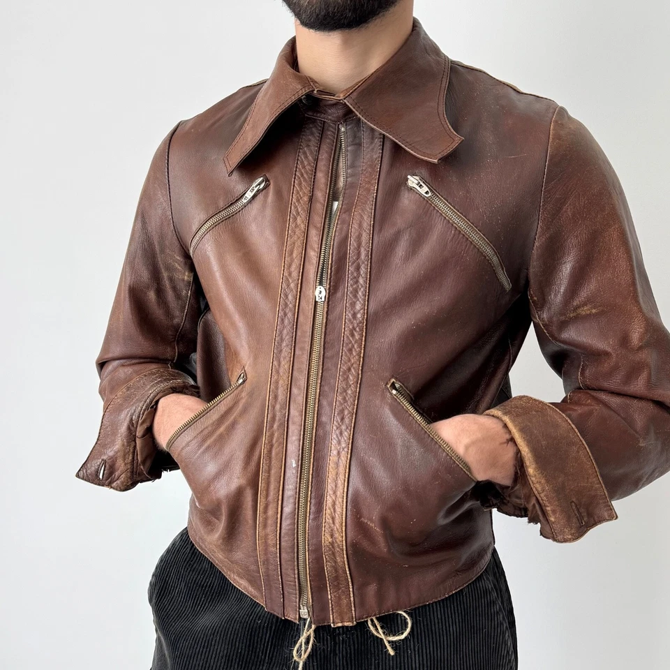 1960-е винтажная европейская коричневая укороченная кожаная куртка Pilot размер S/M - Изображение 2 из 4