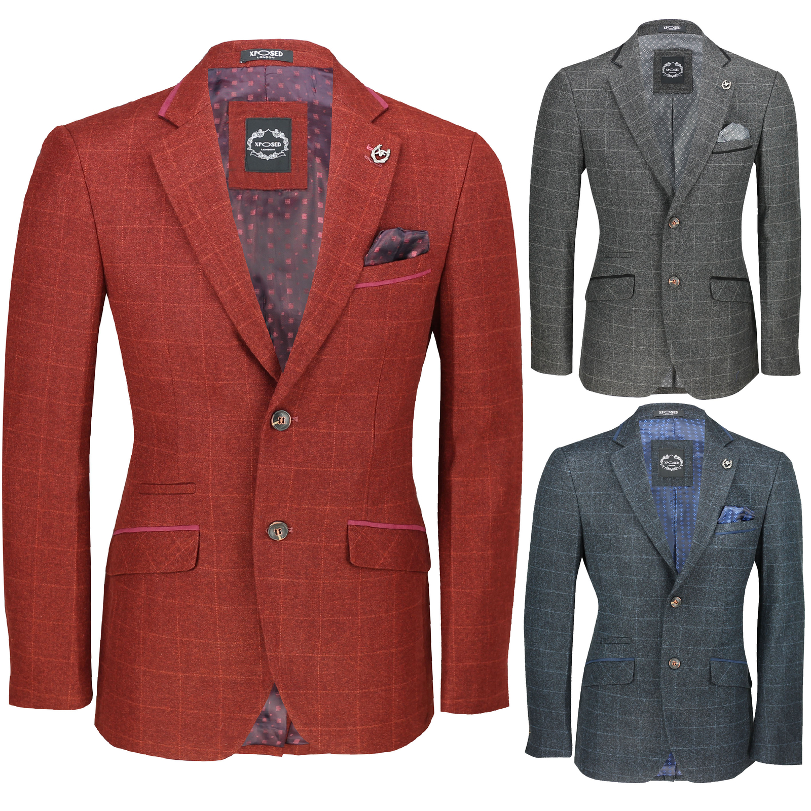 Mens Vintage Tweed Check Blazer Red Grey Blue Designer Formal Fitted