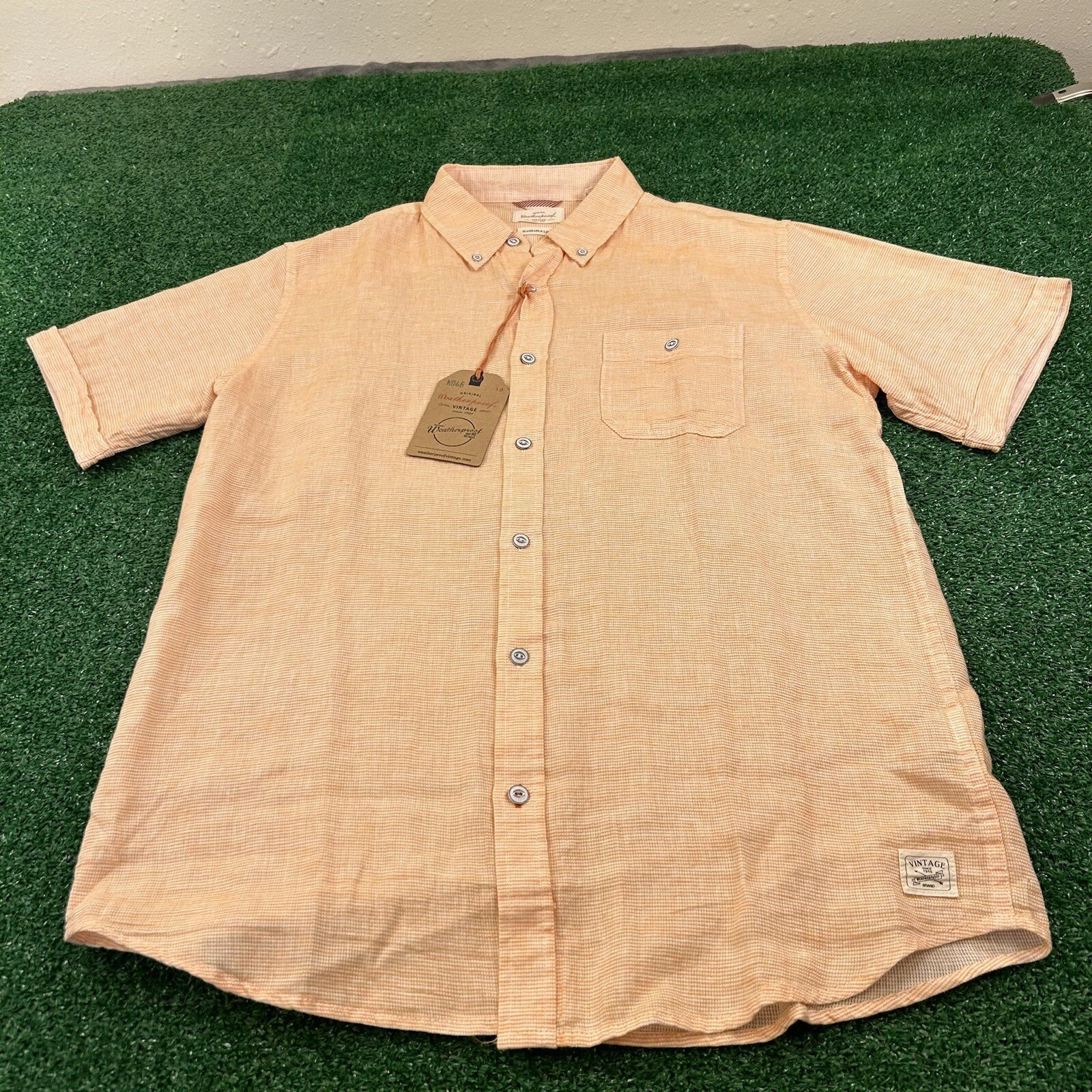 Weatherproof Shirt Mens Medium Orange White Striped Linen Beach Button Up New