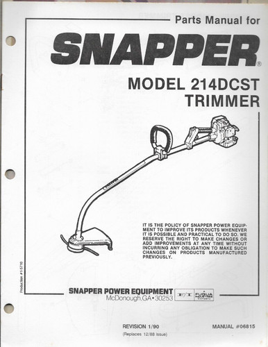 SNAPPER POWER EQUIPMENT TRIMMER Model 214DCST #06815 Parts Manual