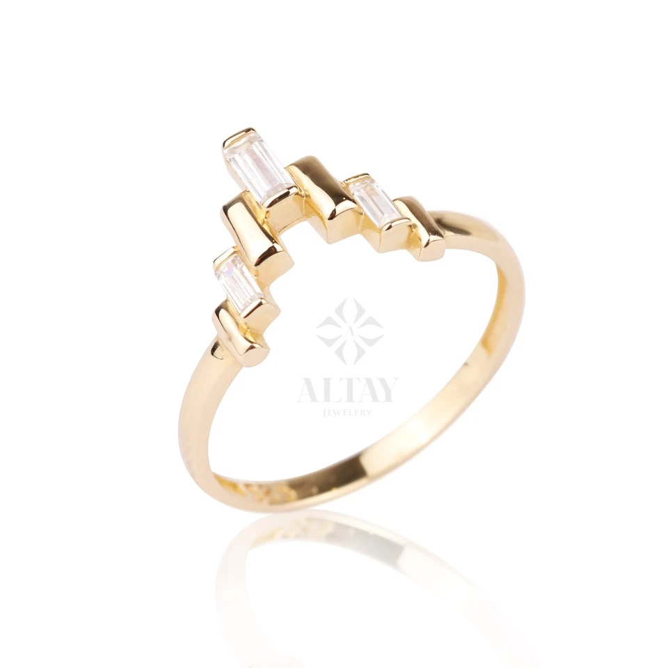 14K Gold Chevron Ring, V Shape Baguette Ring, CZ Diamond, Dainty Cluster Band - Image 4 of 4