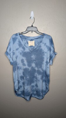 Cupio Womens Large Blue Tye Dye Cuff Sleeve Soft V-Neck Tunic Top