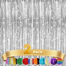 2 Pack Silver Metallic Tinsel Foil Fringe Curtains, Door Streamers