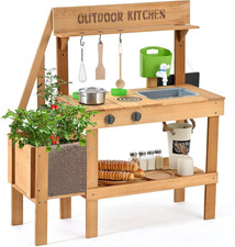 Mud Kitchen for Kids Outdoor, Wood Play Kitchen with Planter Box, Toddler Sink,