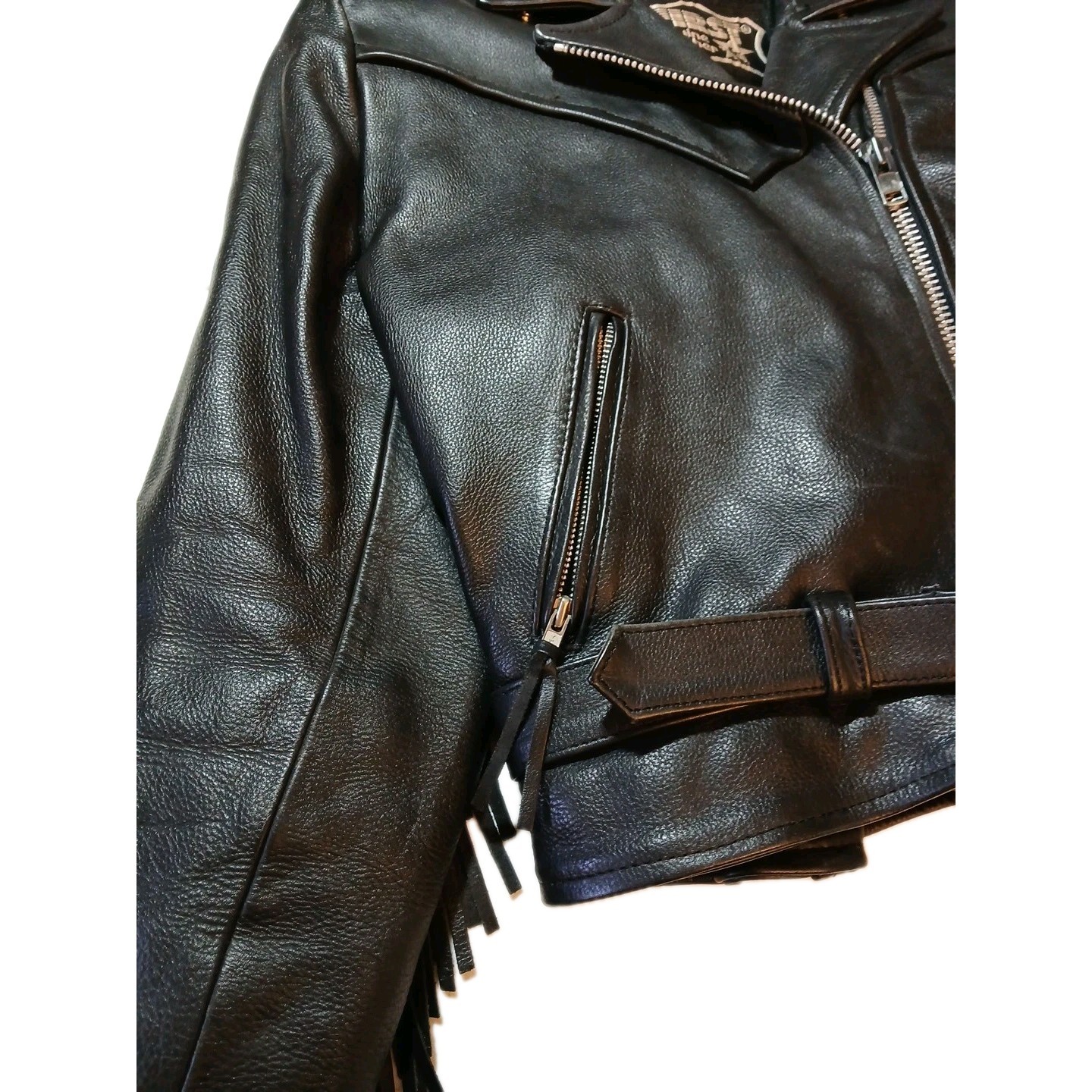First Genuine Leather Motorcycle Jacket With Fringes And Zippers Belt size small image 3