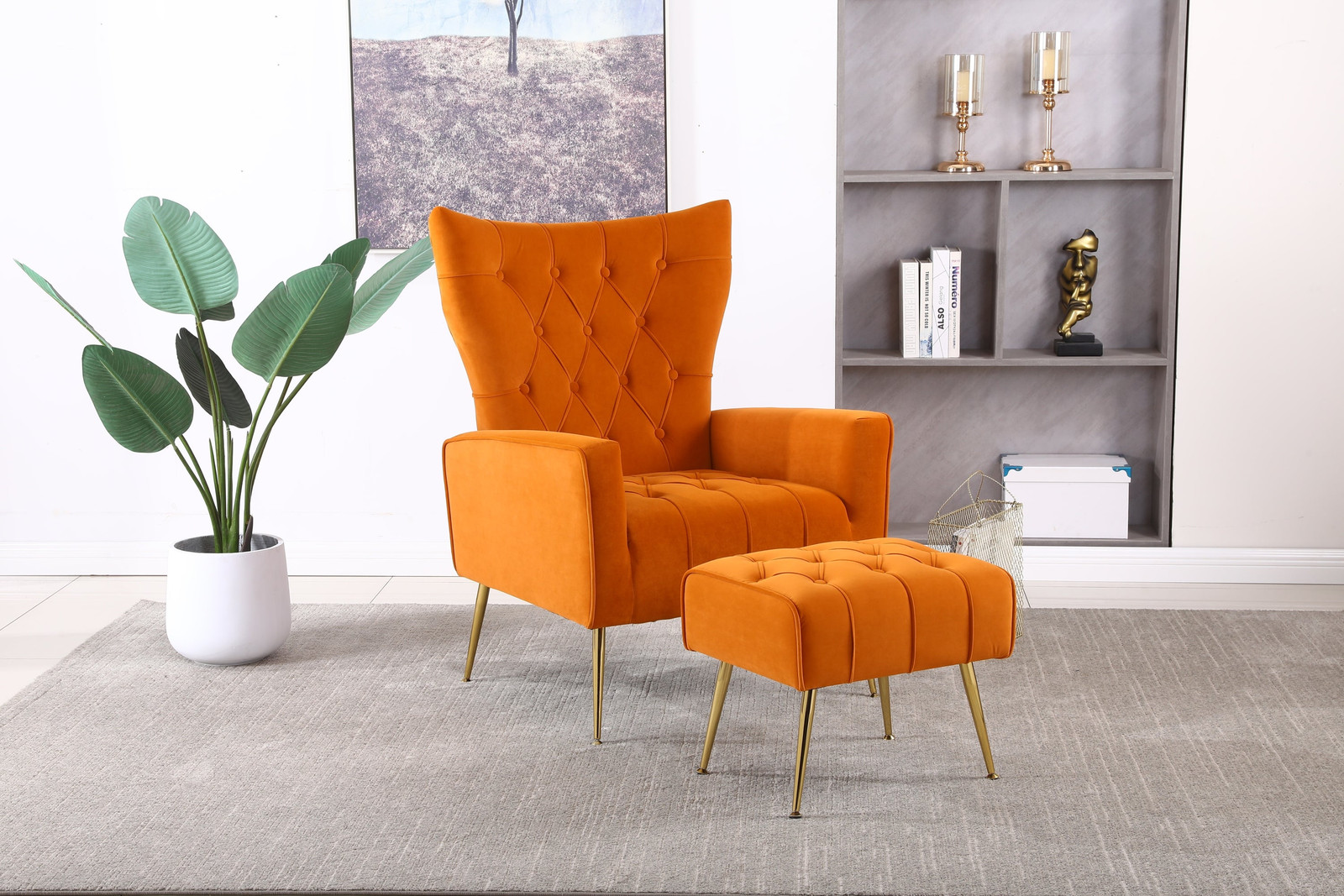 Orange Modern Accent Chair Set with Stylish Ottoman for Contemporary Living Spaces