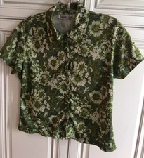Vintage Y2K Jumping Joy Green Floral Flower Power Crop Button Front Shirt Top