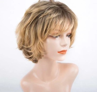 Short Synthetic Wig with Bangs Dark Root Ombre Brown Blonde Natural Bob Wigs