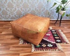 Footstool Ottoman Square Genuine Unstuffed Pouf Brown New 30'' Pouffe Leather