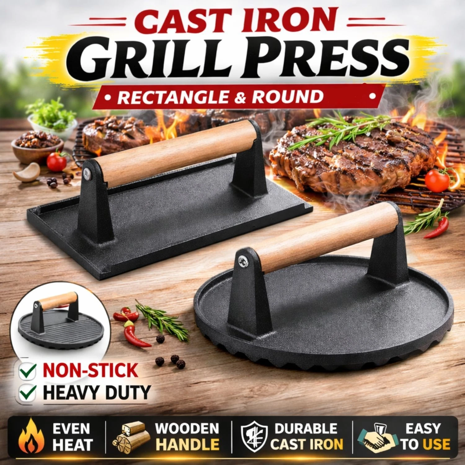Grill Steak Press Flat BBQ Bacon Hamburger Meat Patty Cast Iron Grill Press
Opens in a new window or