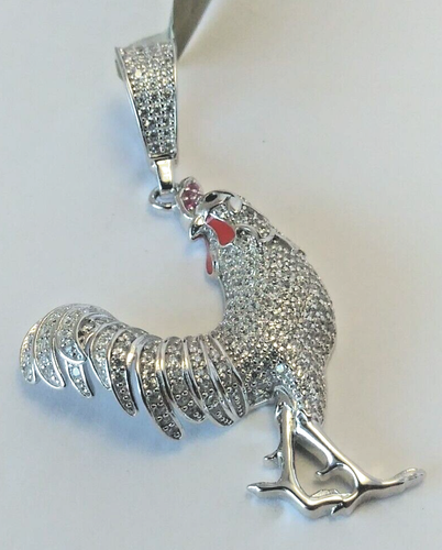 925 Sterling Silver Pendant LARGE Iced ROOSTER CHICKEN cubic zirconia CZ 48X26MM - Picture 3 of 9