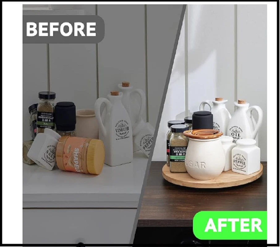 Tocadiscos organizador Lazy Susan de bambú de 10 pulgadas para gabinete de cocina mesa refrigerador Foto 3 de 4