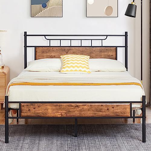 Platform Bed Frame with Wood Headboard/Mattress Queen Brown Crown