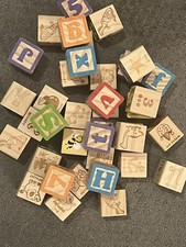38 Vintage Childrens Building BLOCKS Wooden 1.75" Color Alphabet Letters Animals