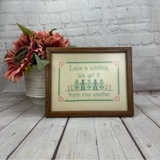 vintage handmade cross stitch wall hanging in frame cottagecore country 1985