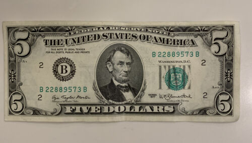 $5 Dollar Bill Rare 1977 Crisp (Federal Reserve Bank Of New York) Align  Misprint