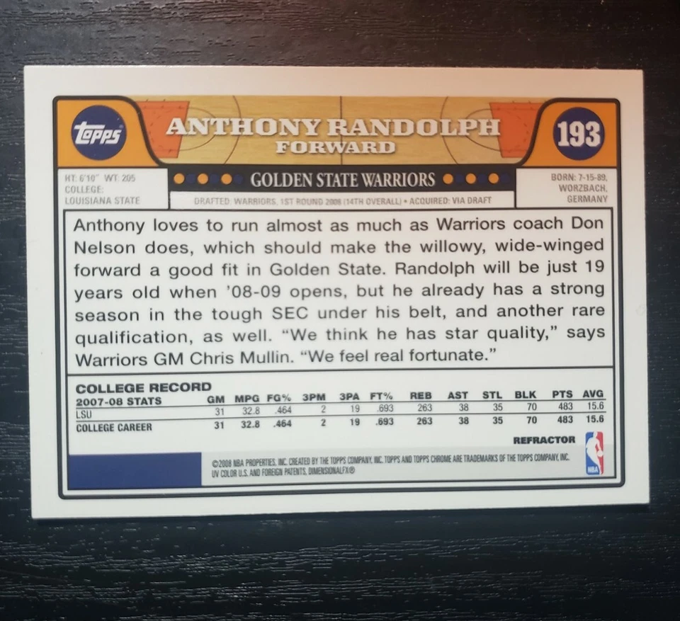 2008 Topps # 193 Anthony Randolph  RC  Golden State Warriors  - Image 2 of 2