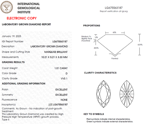 1 CT Marquise Cut D VVS1 Lab Grown Diamond For Engagement Ring - IGI Certified - Picture 2 of 4