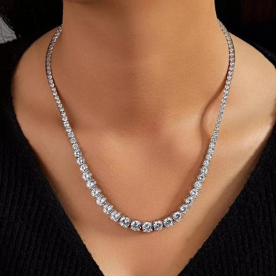 23.0Ct Round Cut White Moissanite Women's Tennis Necklace 14K White Gold Plated