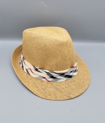 Men's Fedora Hat, Classic, Tan Weave - White, Red, Black Band, Size M (57 cm)